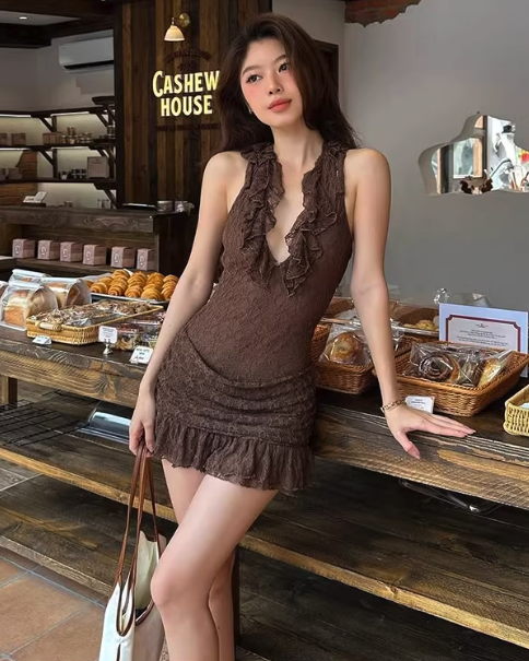 Artisan Jacquard Mini Dress — V-Neck Elegance in Rich Maillard