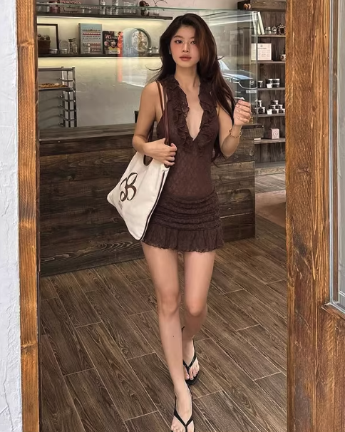 Artisan Jacquard Mini Dress — V-Neck Elegance in Rich Maillard