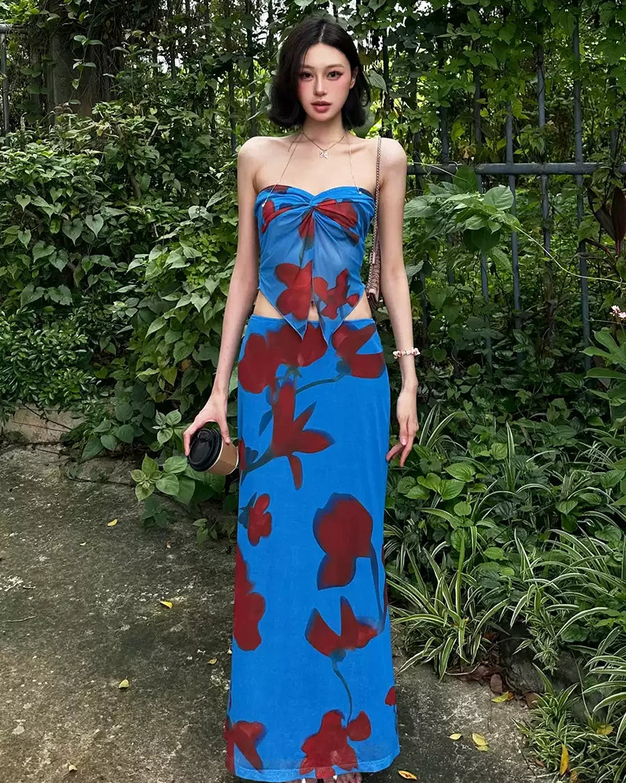 Artisan Print Two-Piece Top & Skirt Set — Halter & Pencil Perfection